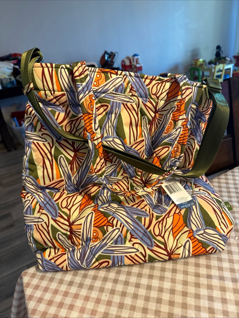 Floral Print Quilted Tote Bag large north south bag
